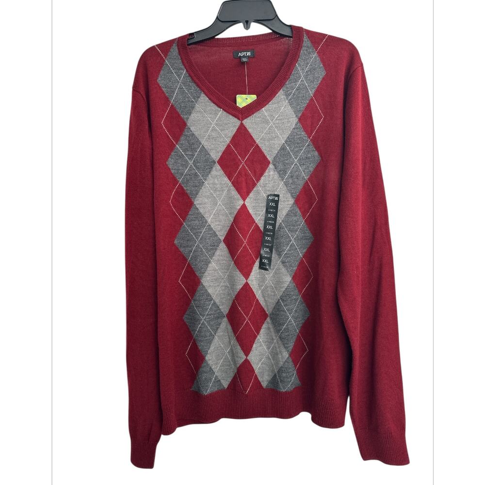 Apt.9 Dogwood Red Argyle Sweater Merino Wool Blend Men's Sz XXL Preppy Academia